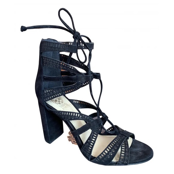 Vince Camuto Mindie Black Suede Lace Up‎ Gladiator Heels Block Heel Size 9.5 - Picture 1 of 13